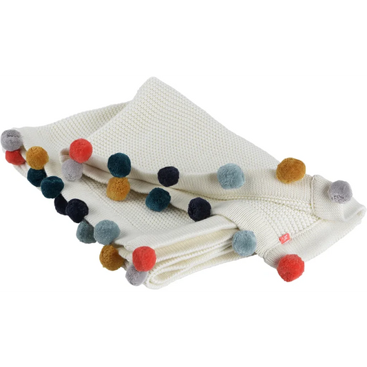 Bio Strick Baby-Decke mit Pompoms in Creme von kikadu Größe 80x100 cm