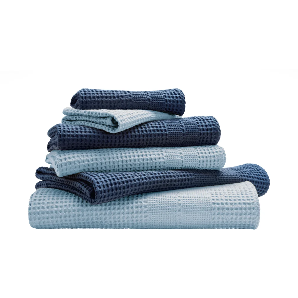 Bio Waffelpiqué Geschenkset 6-teilig in Steinblau+Hellblau Blau von Cotonea Größe 2x 35x50 cm+ 2x 50x100 cm+ 2x 70x140 cm