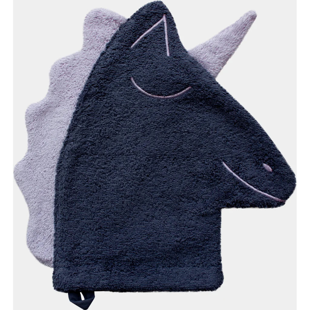 Frottier Baby-+Kinder-Waschhandschuh in Einhorn-Form in Dunkelblau Blau Muster Einhorn von KATHA covers Größe 28 cm