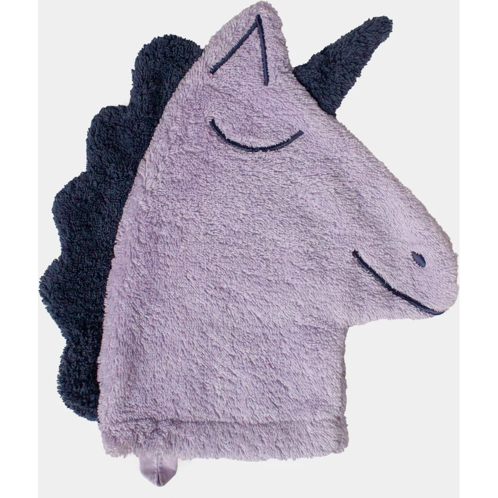 Frottier Baby-+Kinder-Waschhandschuh in Einhorn-Form in Flieder Muster Einhorn von KATHA covers Größe 28 cm