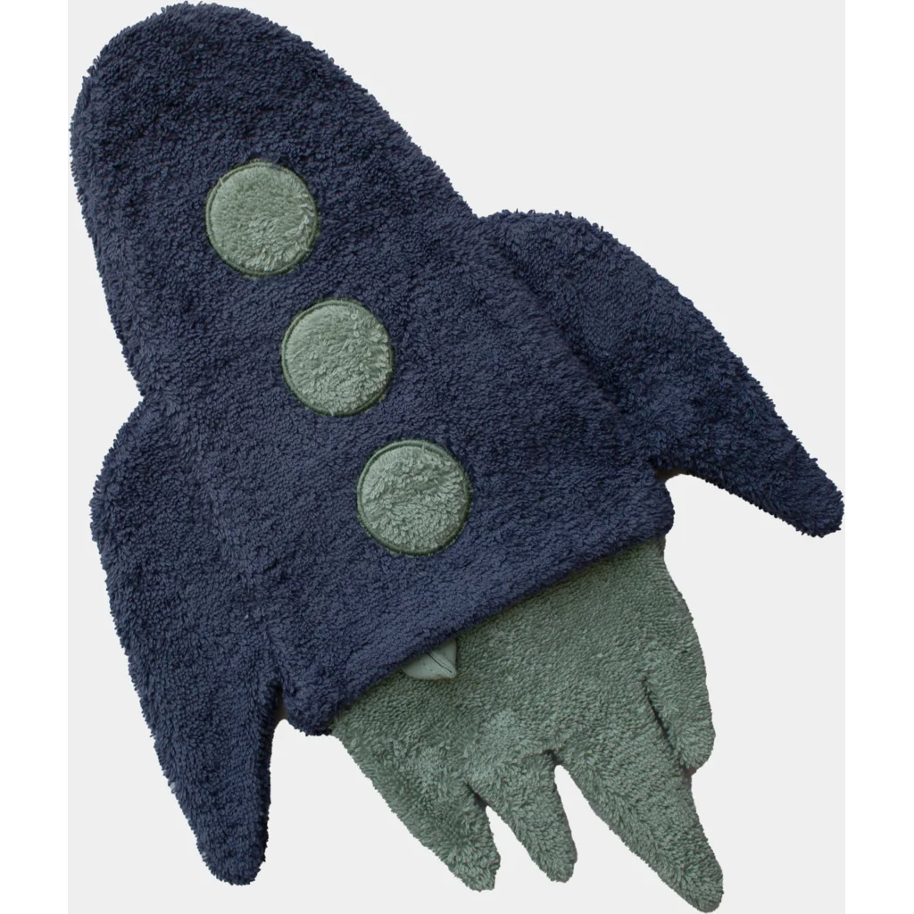 Frottier Baby-+Kinder-Waschhandschuh in Raketen-Form in Dunkelblau+Grün Blau+Grün Muster Rakete von KATHA covers Größe 37 cm