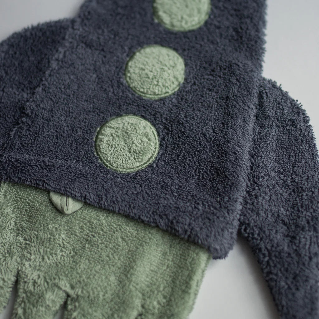 Frottier Baby-+Kinder-Waschhandschuh in Raketen-Form in Dunkelblau+Grün Blau+Grün Muster Rakete von KATHA covers Größe 37 cm