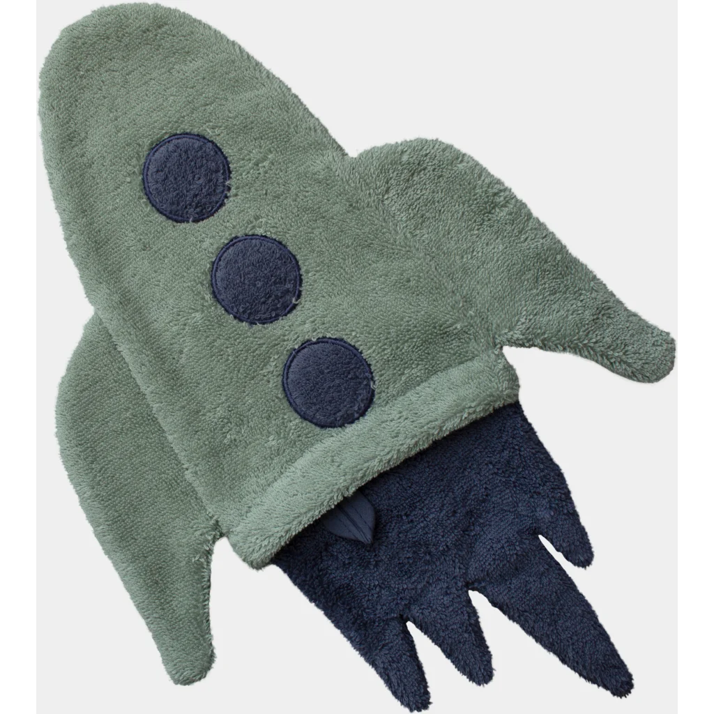 Frottier Baby-+Kinder-Waschhandschuh in Raketen-Form in Grün+Dunkelblau Grün+Blau Muster Rakete von KATHA covers Größe 37 cm