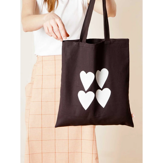 Upcycling Stoffbeutel HERZEN in Schwarz+Weiß Muster Siebdruck von LORE - upcycled goods Größe 38x43 cm